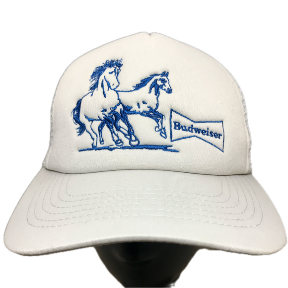 Budweiser Hat Advertising Trucker Cap Snapback Gray Mesh Blue Clydesdales Script - Picture 1 of 16